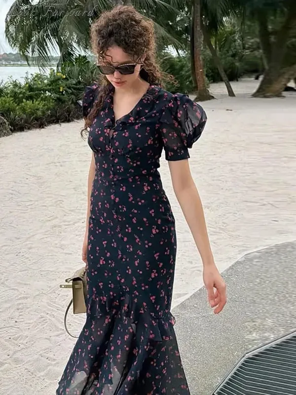 Floral Puff Sleeves Maxi Dresses Women's Slim Waist-cinching Hip-wrap V-neck Dress 2026 New Ladies Summer Vacation Outwear — image 1