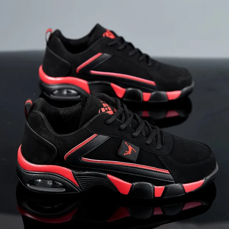 Men's Air Cushion Casual Sports Shoes Breathable mesh & PU upper geometric pattern design lace-up closure black and wh