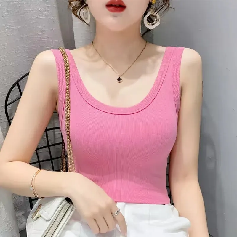 2023 Summer Women Basic Ribbed Knitted Tank Top Solid Color Sleeveless T-shirts Casual Camis Green Blue Elastic Female Tops