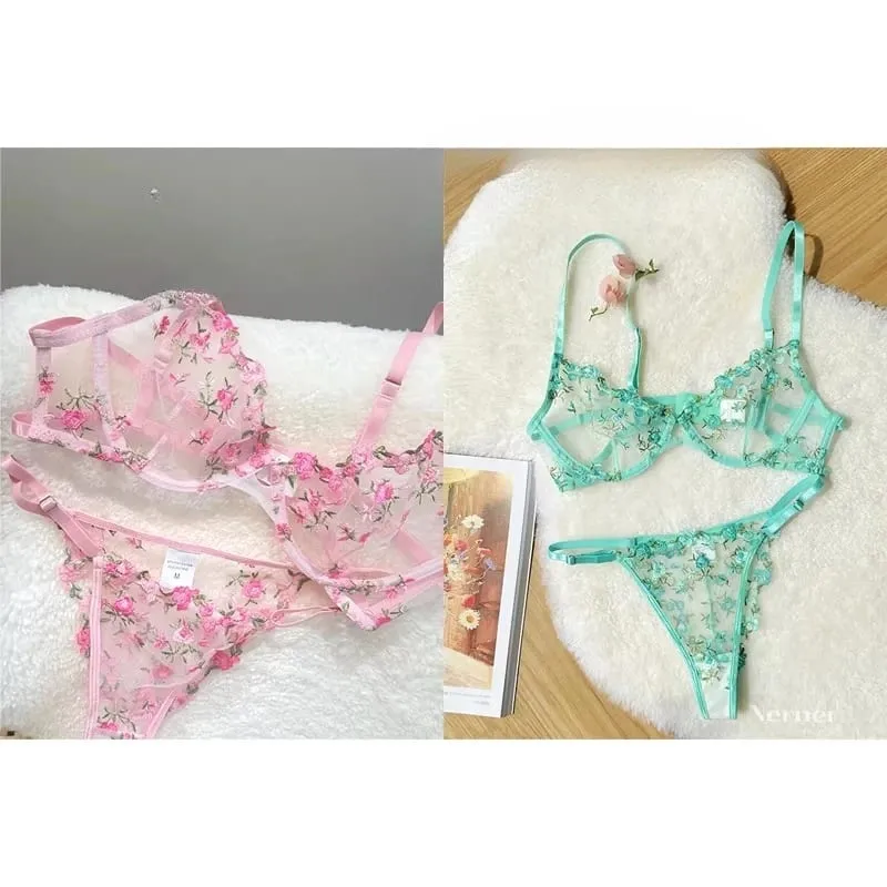 Korean Hot Lace Bra Set Floral Embroidery Transparent Mesh Ultra Thin Big Bust Modest Summer Ladies Daily Wear Underwear 32-38 — image 3
