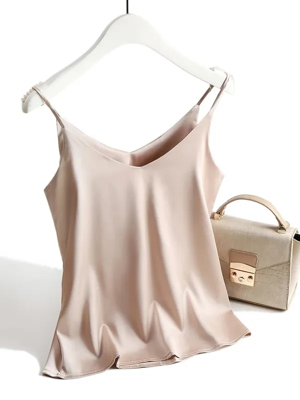 Spaghetti Strap Top Women Halter V Neck Basic White Cami Sleeveless Satin Silk Tank Tops Women'S Summer 2026 Camisole