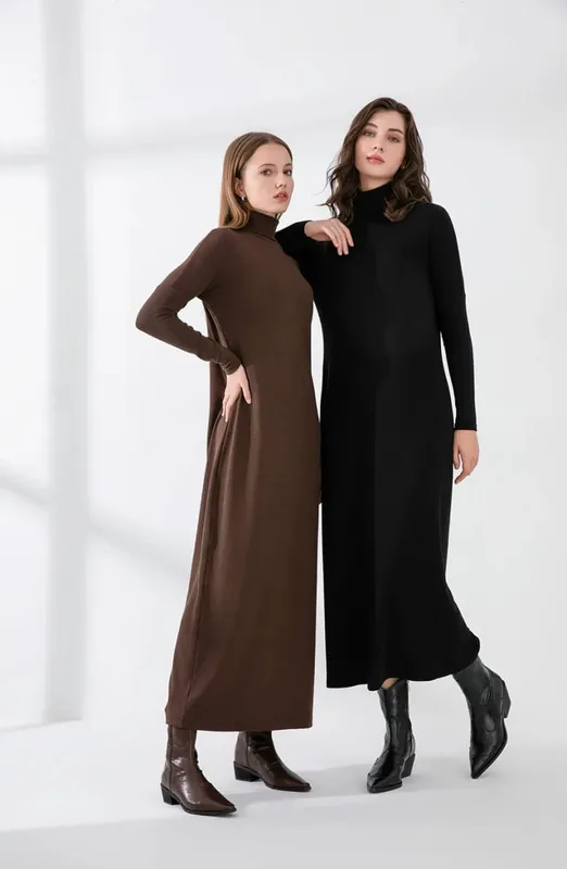 AS 2024 musim sejuk turteneck menebal ribbing dress lembut dan selesa asas turn-down collar maxi dress (Hantar keluar dalam 1 hari)