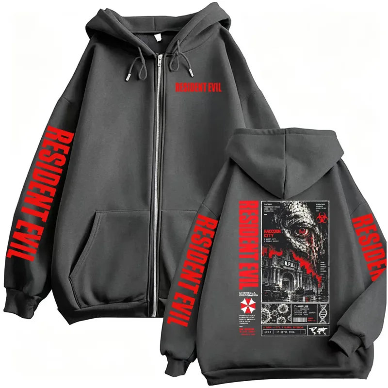 Vintage Resident Evil T-Virus Horror Gaming Zip Up Hoodies Men Women Harajuku Gothic Fashion Jacket Sweatshirts Coats Streetwear