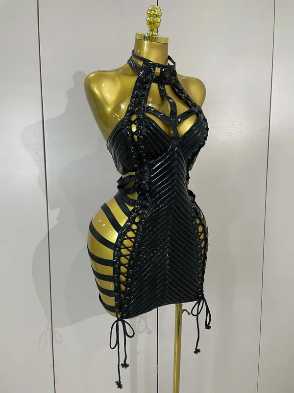 Sexy Black Leather Hollow Out Gothic Bandage Halter Short Dress Women Gogo Dance Singer Nightclub Bar Performance Stage Wear — image 4
