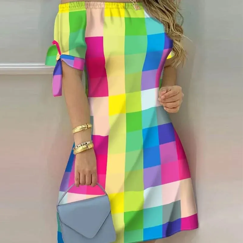 Women Off Shoulder Mini Dress Summer Sexy Short Sleeve Bow Tie Striped Floral Print Dresses Fashion Casual Loose Dress