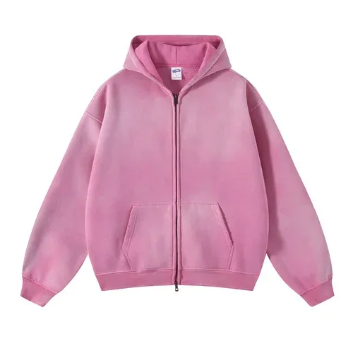 Zip Up hoodies herr Tie Dye Washed Double Oversize Cardigan Sweatshirt Lös Plush Plysch Gradient Man Huvtröjor Vinter