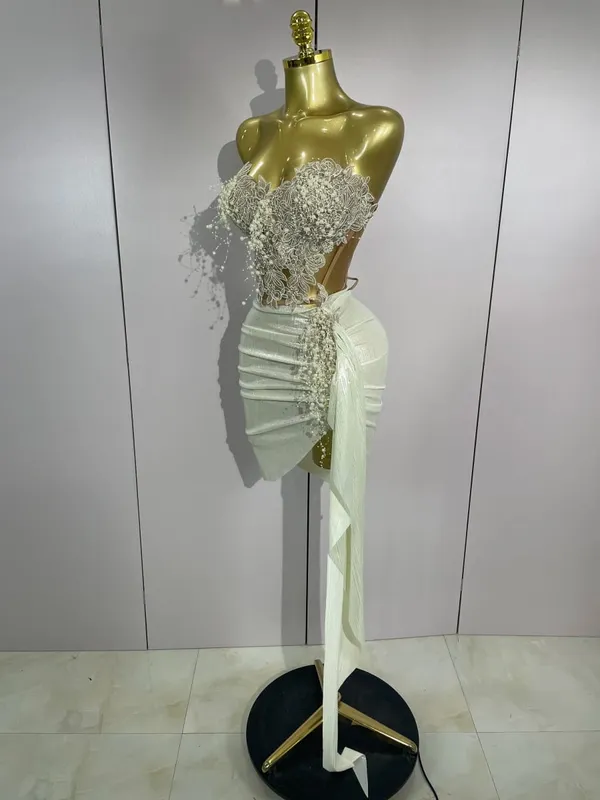 Luxe Shining Pearls Sexy Asymmetrische Rok 2 Stuks Set 2025 Vrouwen Avond Verjaardagsfeestje Podium Danser Prestaties Kostuum