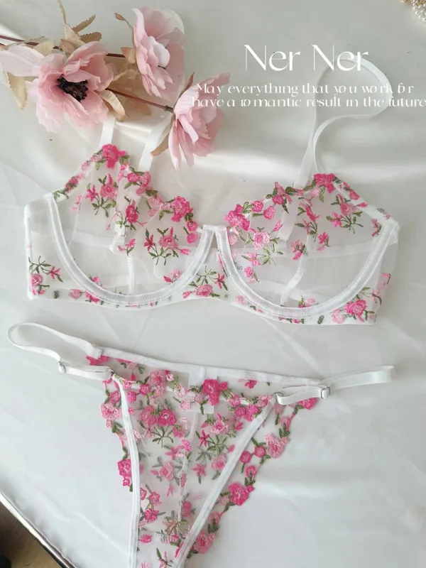 Transparent Floral Lace Embroidery Bra Set Summer Thin Minimizer Underwear Soft Breathable Full Bust Female Home Daily Wear S-XL — image 11