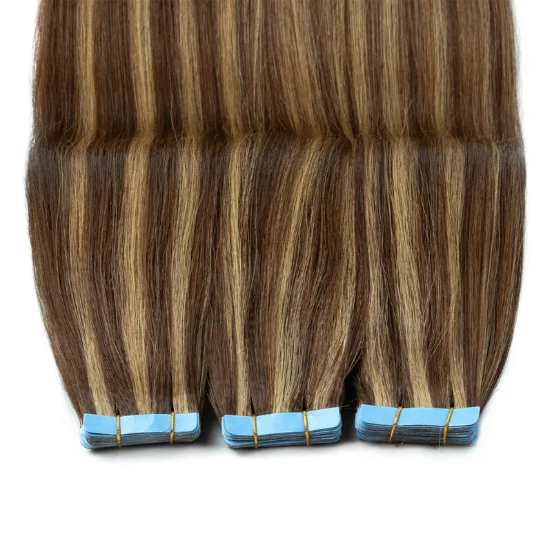Light Yaki Straight Tape In Hair Extensions Human Hair Remy Tape Ins 12-24” 20pcs/Pack Yaki P4-27 Tape On Hair Bundles