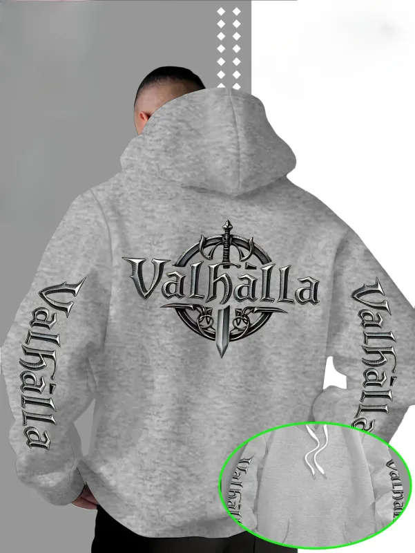 Street Style Loose Viking Valhalla Logo Bercetak Pedang Sweatshirt Bertudung untuk Lelaki, Sesuai untuk Musim Gugur dan Musim Sejuk.