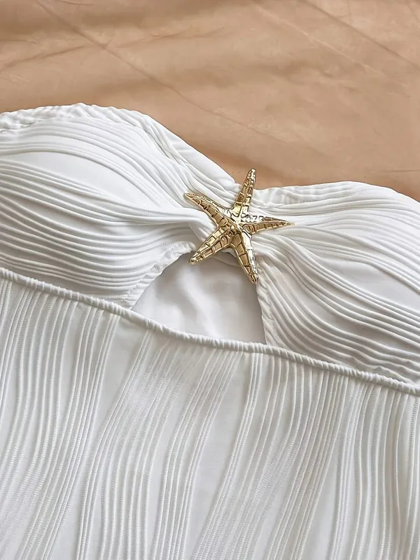 Women's Summer Sexy Party Date Beach Dress Texture Hollow out Mini Skirt with Metal Starfish Decoration Fitted And Attractive Wh — image 3