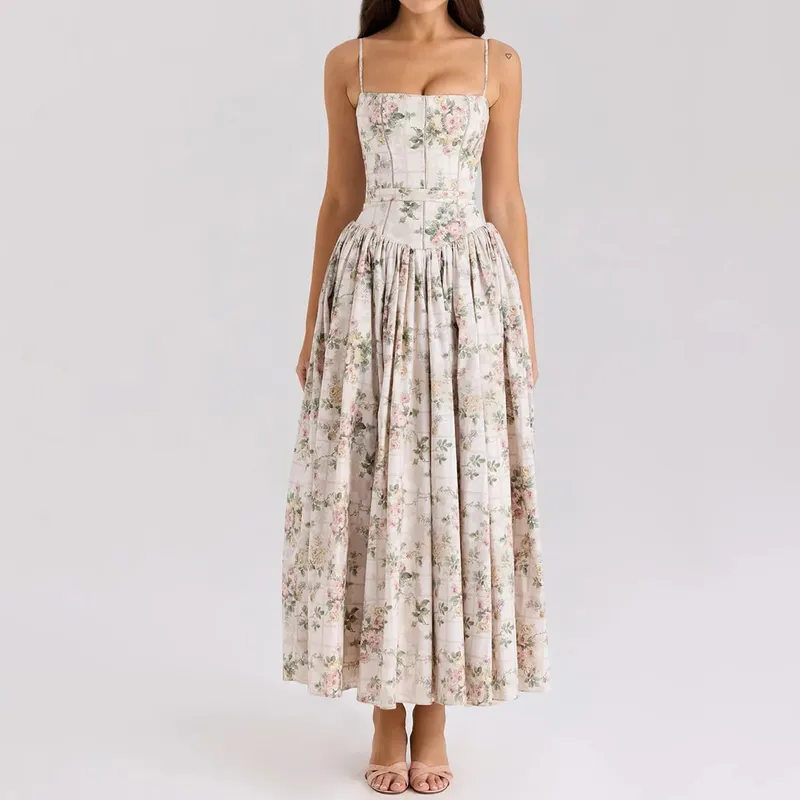Mingmingxi Sommer Floral Print Kleid Elegante 2025 Neuheiten Spaghetti Strap Flare Kleid Maxi Urlaub Party Kleider Frauen