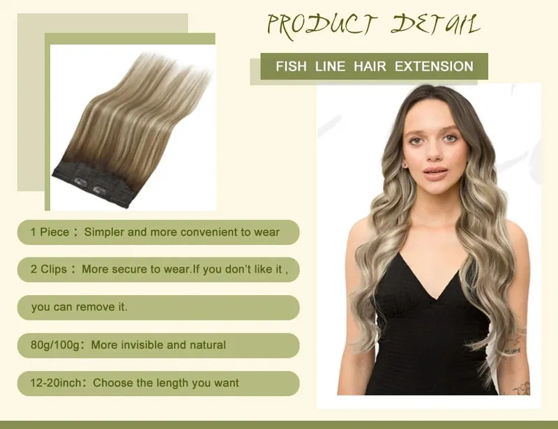 VeSunny Fish Line Human Hair Extension Remy Hair One Piece Invisible Wire Hair Weft Brazilian Hair Balayage Hair Extensions