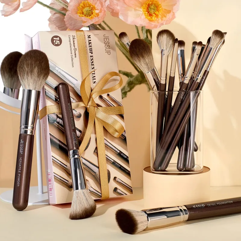 Jessup Makeup Brushes Set 15pcs Brown Make up Brushes Vegan Foundation Blender Concealer Powder Eyeshadow Highlighter Brush T498