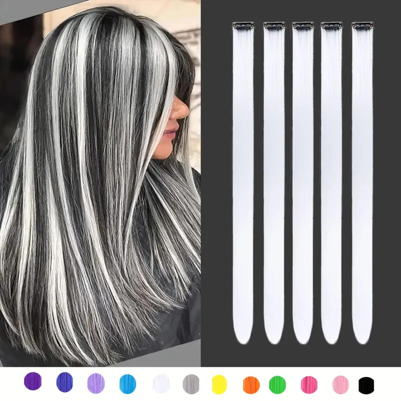 5Packs Colored Hair Extensions 22Inch Straight Color Clip in on Hair Extension Rainbow Party Highlights Synthetic Hair