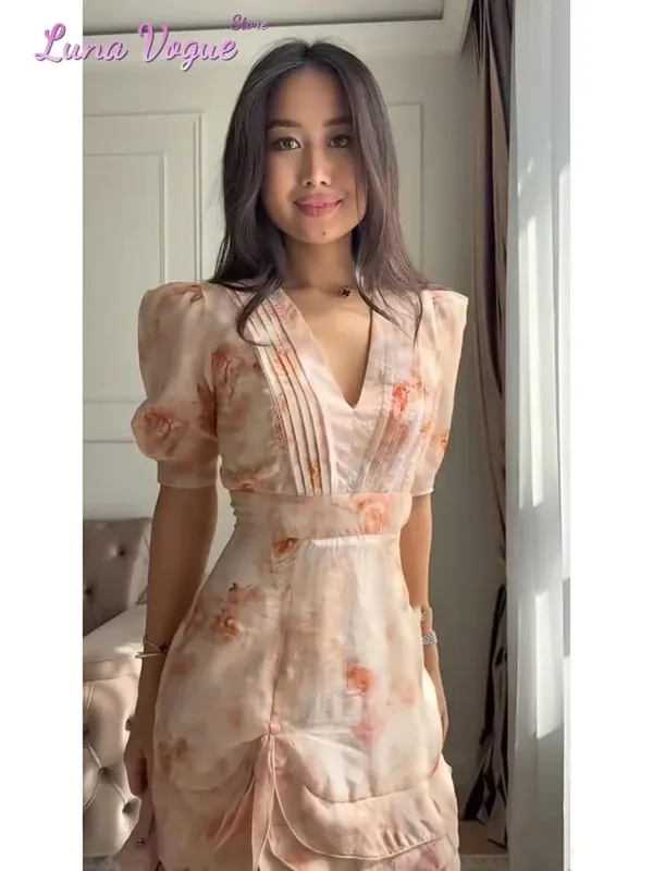 Women Floral Printed V-neck Mini Dress Fashion Half Sleeve High Waist Ruffle Slim Dresses 2026 Summer Elegant Lady Vacation Wear