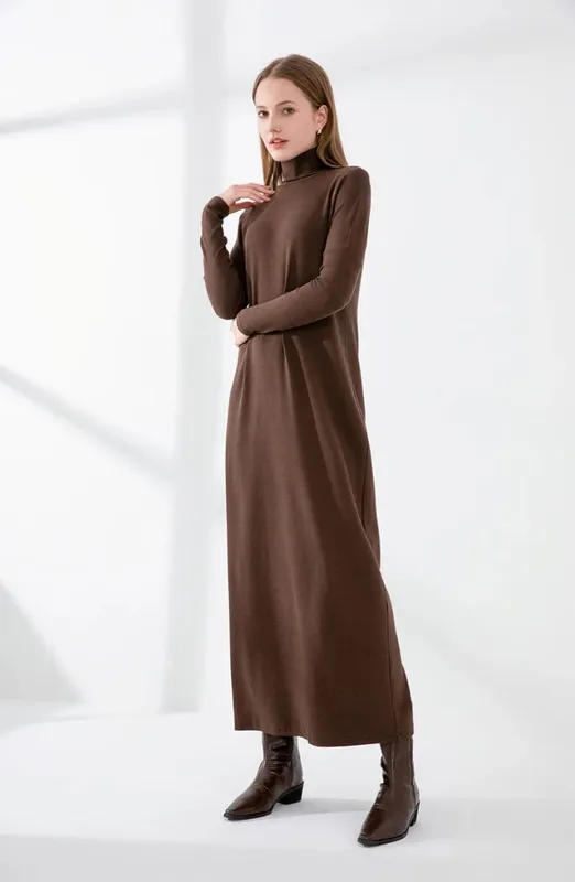 AS 2024 musim sejuk turteneck menebal ribbing dress lembut dan selesa asas turn-down collar maxi dress (Hantar keluar dalam 1 hari)