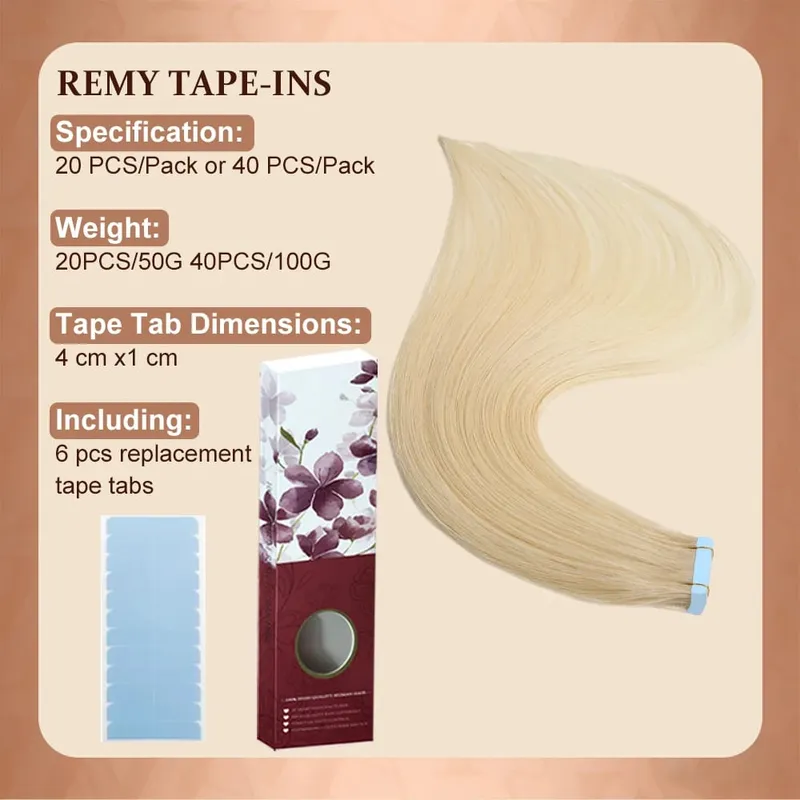 Cinta rubia en extensiones de cabello Cabello humano Platino #60 Cinta de trama de piel recta sin costuras en extensiones de cabello humano real 50G — image 4