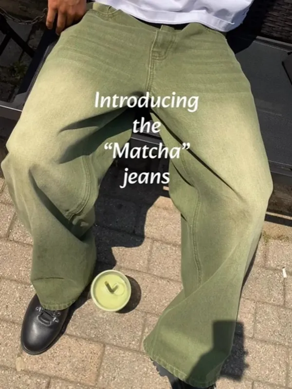Mens Straight Leg Wide Leg Casual Streetwear Fashion Jeans Matcha Green Washed Gradient Denim Pants Harajuku Unisex Loose Fit