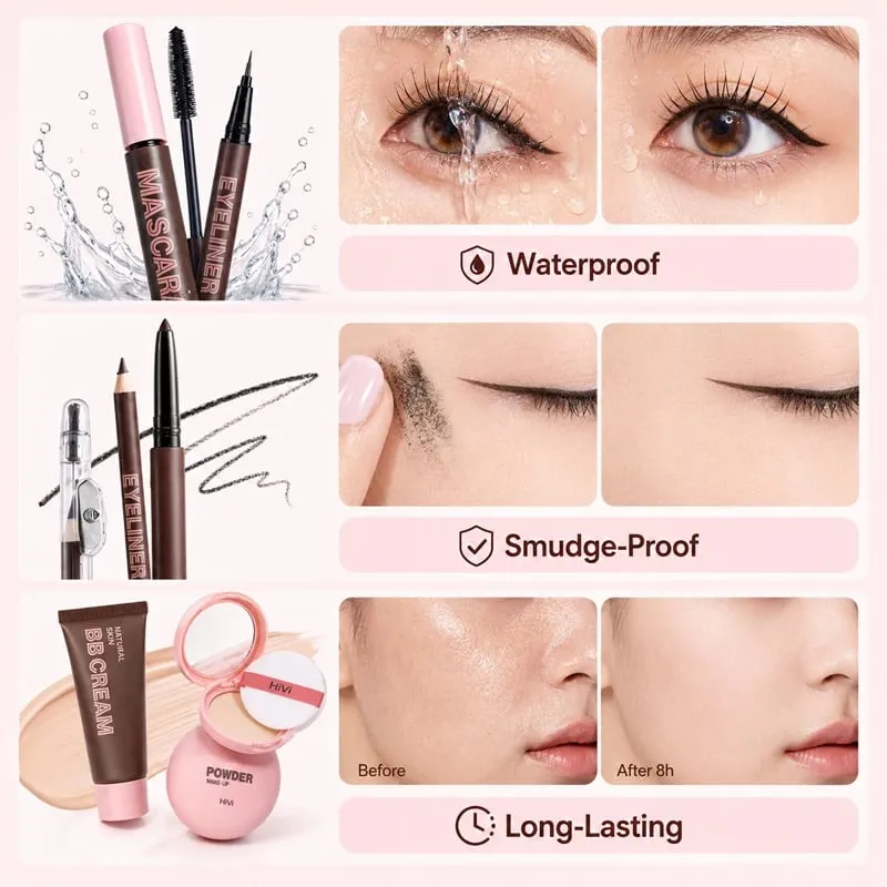 9PCS Makeup Gift Set for Women All-in-One Lipstick Mascara Eyeliner BB Cream Powder Compact Travel Beauty Kit for Beginners