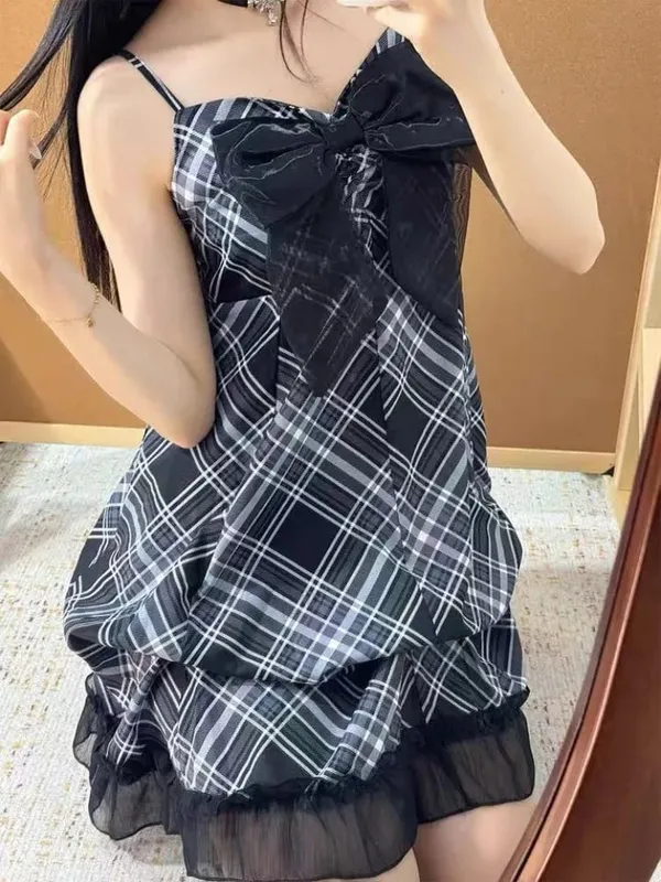 2025 Japanese Vintage Style Strap Dress Women Korean Fashion Black Lace Cami Dresses Summer Sweet Patchwork New One Piece Dress