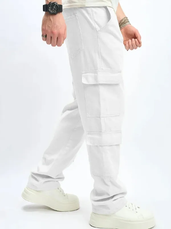 Mens Multiple Pockets Cargo Loose Jeans Streetwear Straight Casual Outdoor Trousers Male Clothing Fashion Denim Pants White