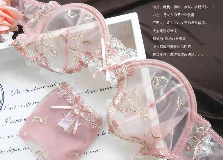 French Lace Bra & Panty Set for Plus Size - Sheer Mesh Ultra-Thin Full-Bust Support Anti-Sagging Lingerie Sexy Design
