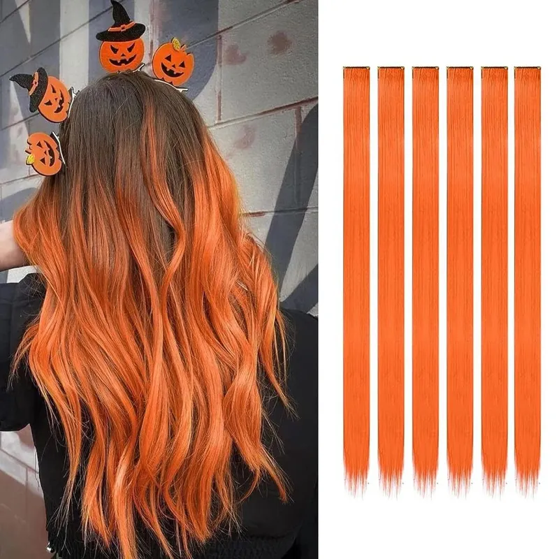 6pcs/pack Colored Party Highlights Clip in Hair Extensions 22 inches Multi-colors Straight Hair Synthetic Hairpieces