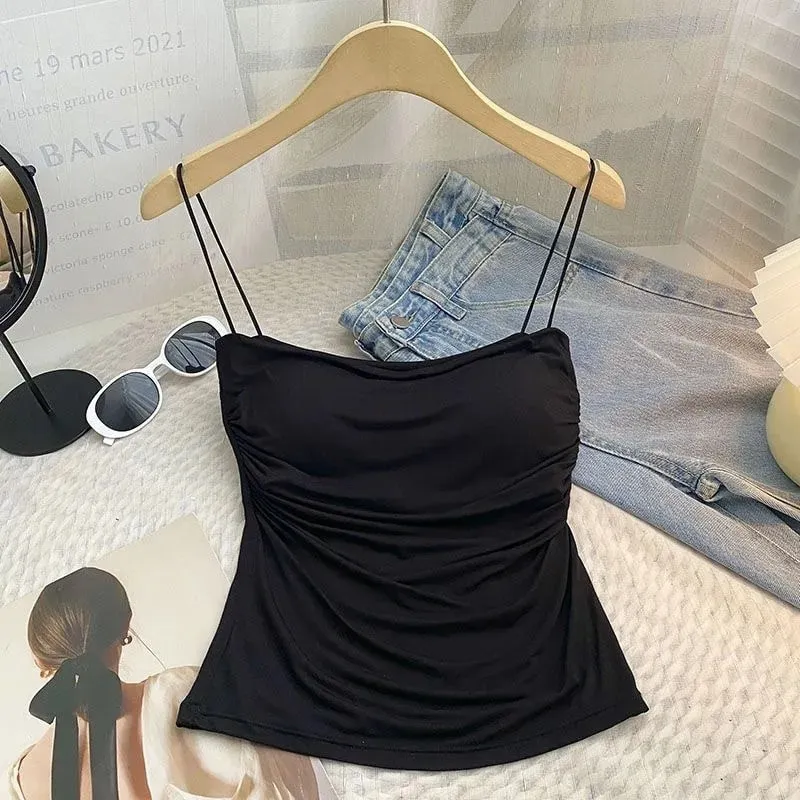 Y2K Streetwear Women Spaghetti Strap Crop Top With Bra Bodycon Sleeveless Cami Tube Top Basic Camisole Tees Korean Women Clothes