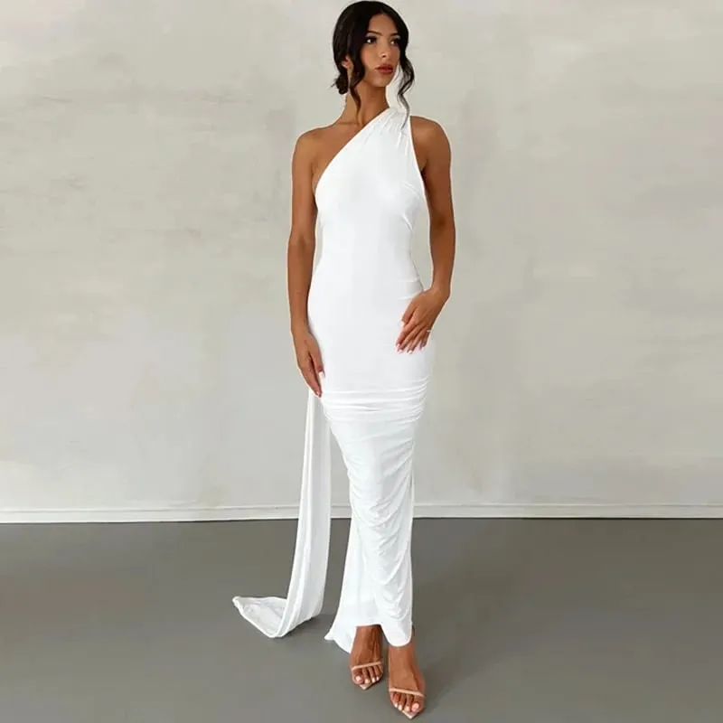 Abito maxi senza maniche monospalla da donna Sciarpa regolabile con passante increspato senza schienale aderente Festival Party Outfit Abito lungo elegante