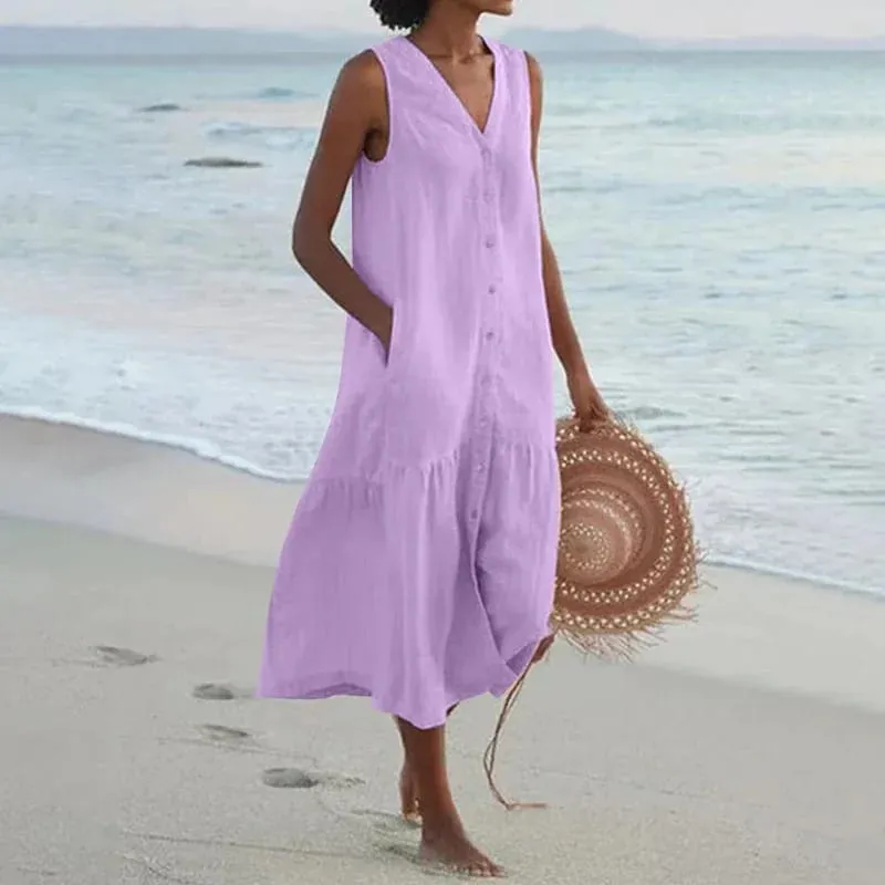 Summer Loose Casual Patchwork Cotton Linen Pocktes Dress V Neck Beach Style Dress Sleeveless Vintage Club Midi Solid Women Dress — image 11