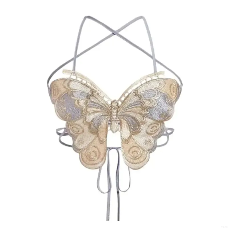 Y1AC Women Strappy Backless Beach Crop Top Butterfly Embroidery Halterneck Camisole