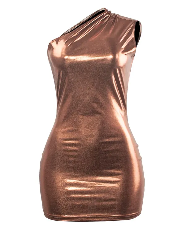 Sexy One Shoulder Bodycon Dresses For Women Solid Irregular Skinny Mini Y2K Metallic Gilding Short Mini Dress — image 9