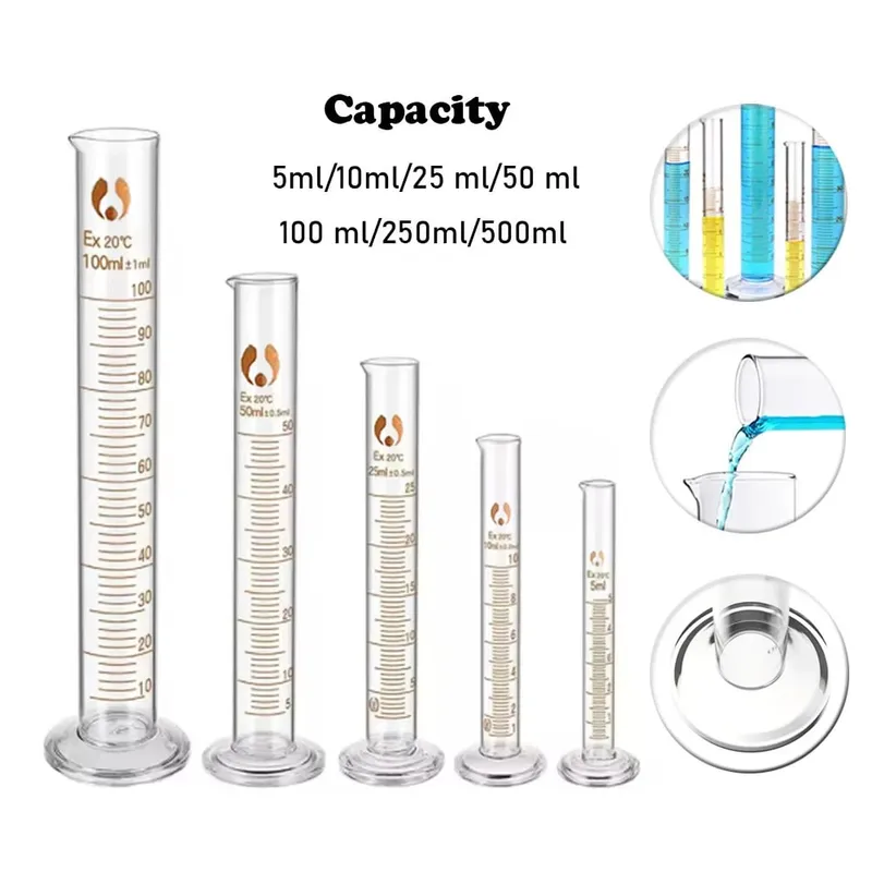 1PCS Silinder Penyukat Bertahap Kaca 5ml 10ml 25ml 50ml 100ml 250ml 500ml Silinder Penyukat untuk Bekalan Lab/dapur — image 2