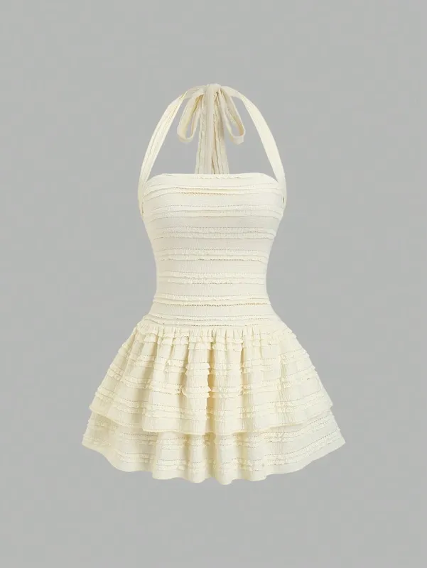 Women's Sexy Slim Fit Texture Fabric Ruched Hem A-Line Mini Dresses Casual Backless Halter Neck Double Layer Hem Summer 2026