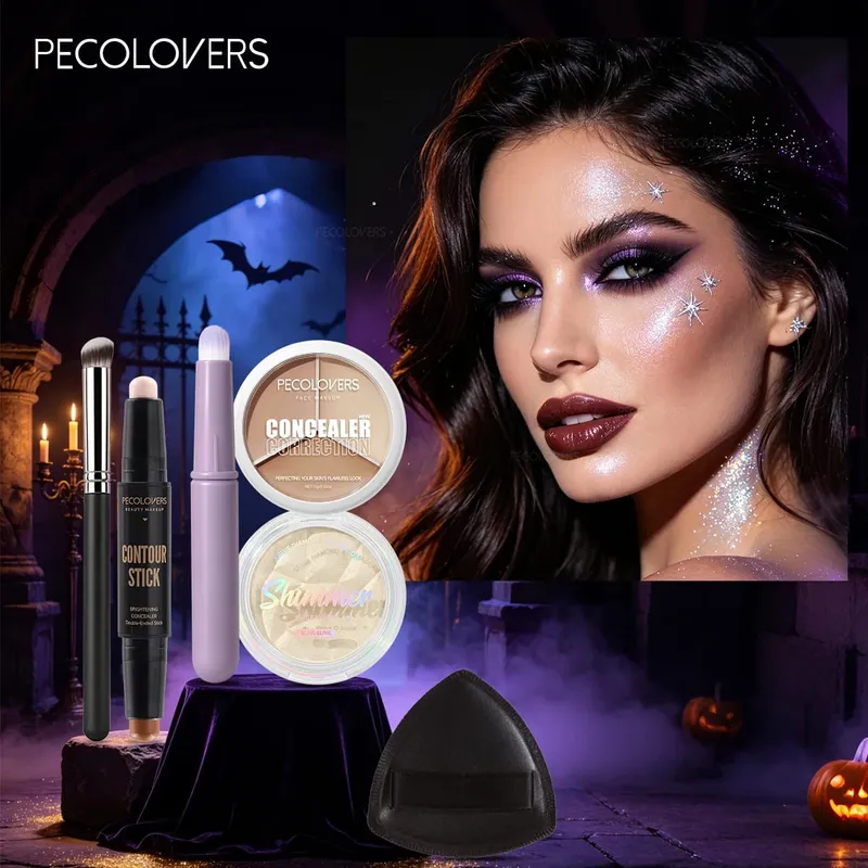 6PCS/SET Three-color Concealer Double-head Contour Stick Sparkle Highlight Palette Puff And Makeup Brush Set