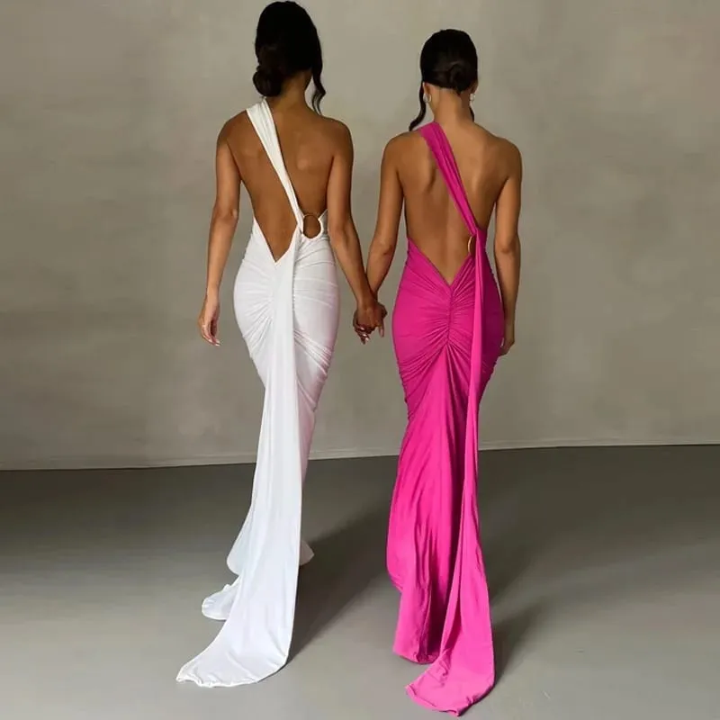 Abito maxi senza maniche monospalla da donna Sciarpa regolabile con passante increspato senza schienale aderente Festival Party Outfit Abito lungo elegante