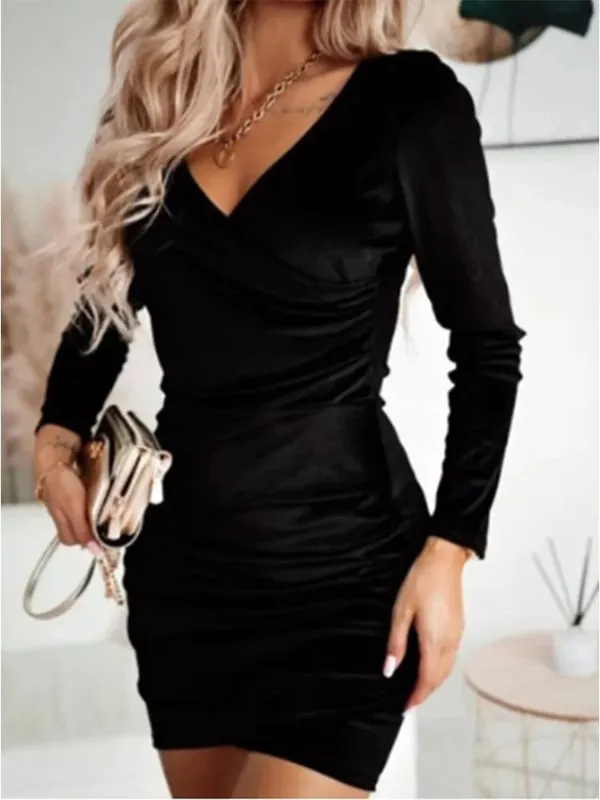 Lady Bodycon jednokolorowa aksamitna sukienka damska dekolt w serek Mini sukienka z długim rękawem jesienno-zimowa impreza sylwestrowa luksusowa sukienka