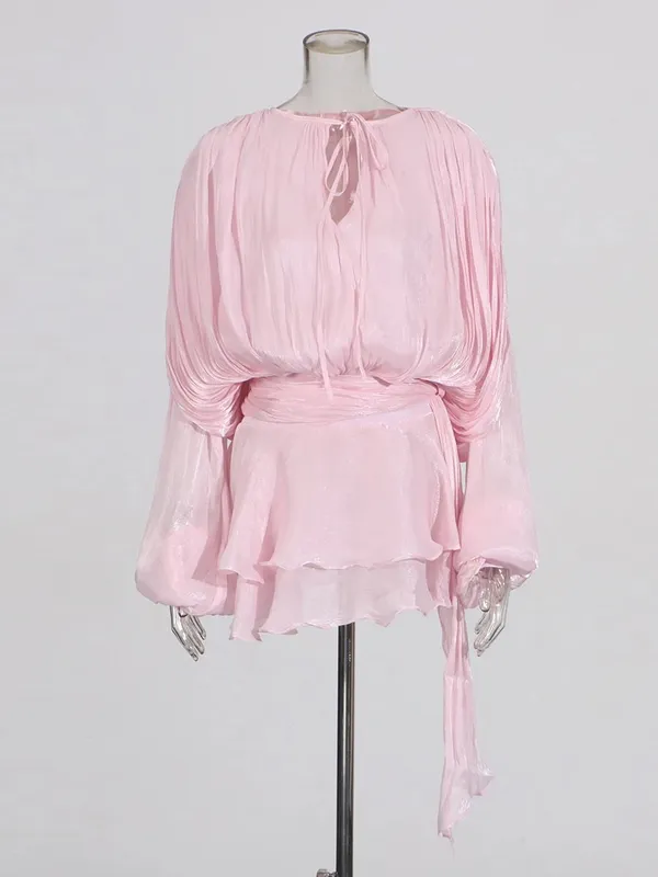 Elegant Ruched Mini Dress For Women Round Neck Lantern Long Sleeve High Waist Temperament Dresses Female Fashion
