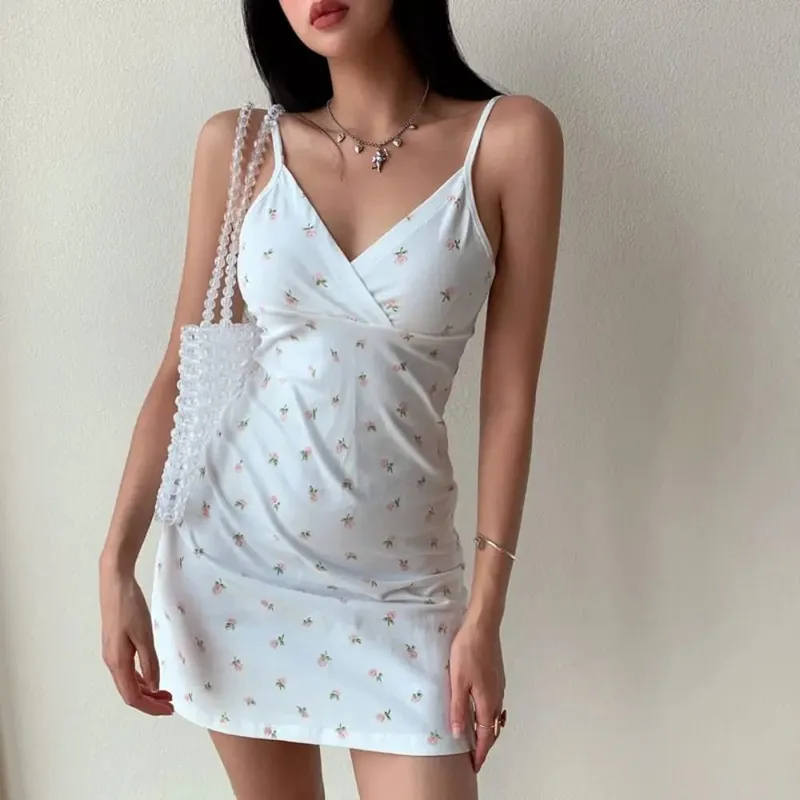 Korean V-neck Halter Floral Skirt High Waist Floral Print Vintage Floral Mini Dress a-line Skirt Retro Floral Halter Skirt Women