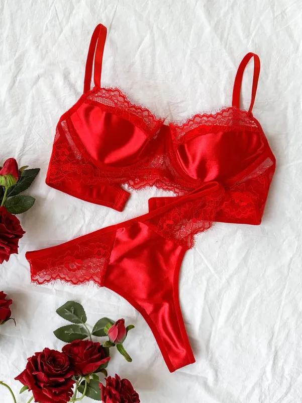 Γυναικείο 2025 Sxy Lace strapping underwire σουτιέν χωρίς επένδυση και βραζιλιάνικο σλιπ - Σετ εσωρούχων με φανταχτερές βλεφαρίδες