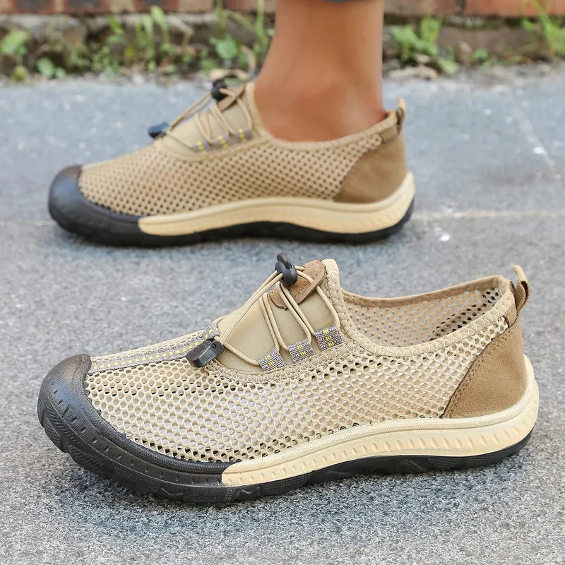 Sapatos masculinos de malha oca com alternância rápida, tênis para caminhada com listras e costura, touca de borracha grossa envolta em sapatos casuais para uso ao ar livre