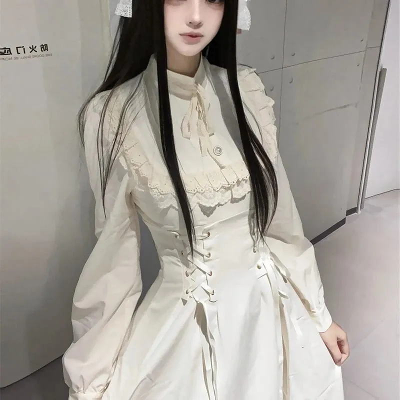 French Elegant Lace Long Sleeve Dress Women Hight Waist Patchwork Dresses Lolita Fashion Kawaii New Lace Up Vestidos Female
