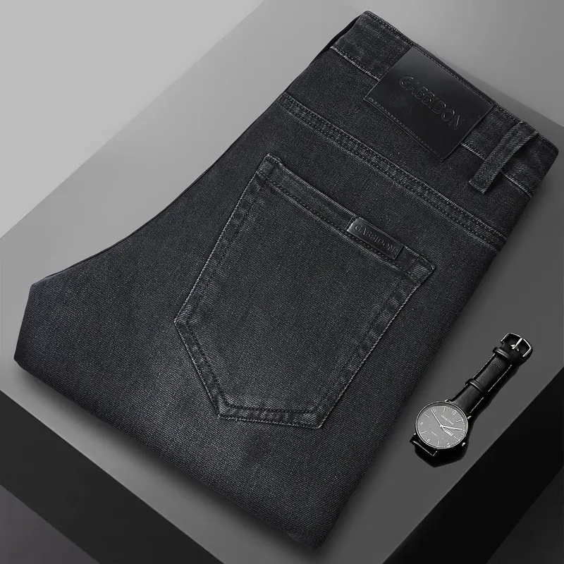 Spring New Men's Straight Jeans Comfortable Elastic Casual Business Work Trousers Retro Blue Fashion Fit Washed Denim Pants