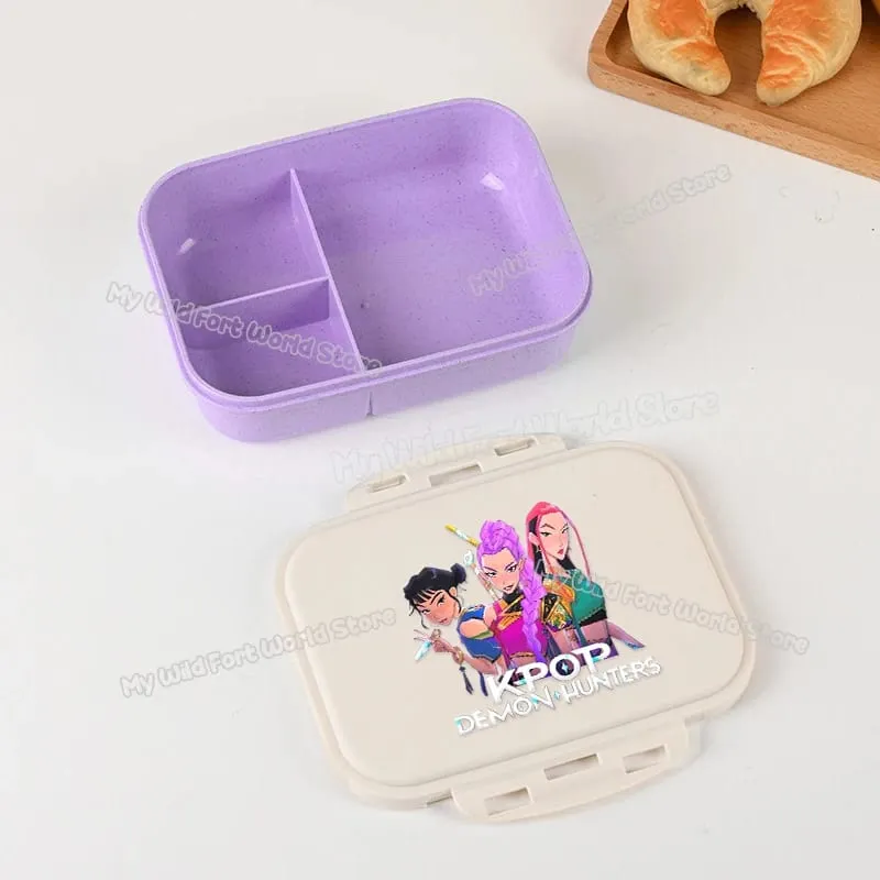 Demon Hunters Lunch Box for Boy Girl Cute Mira Zoey Jinu Portable Plastic Bento Box with Dinnerware Food Fruit Container