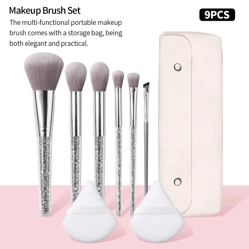 9Pcs Glitter Handle Makeup Brushes Set with Triangle Powder Puff Portable Storage Bag Foundation Blush Eyeshadow Blending Tools