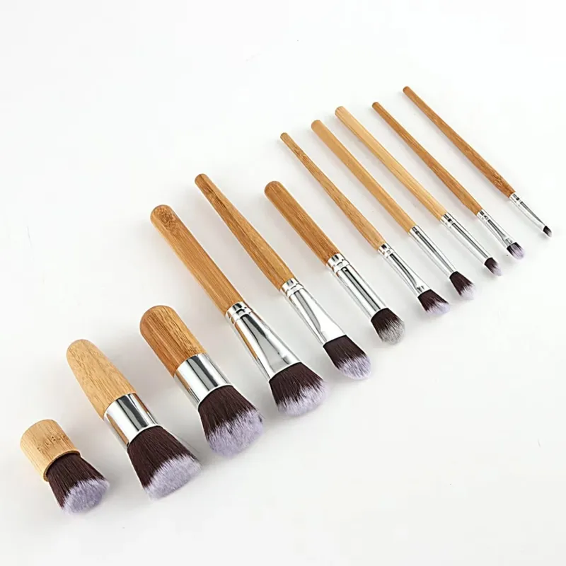 11pcs Natural Bamboo Handle Makeup Brushes Foundation Blending Make Up Tool Set With Cotton Bag — image 2