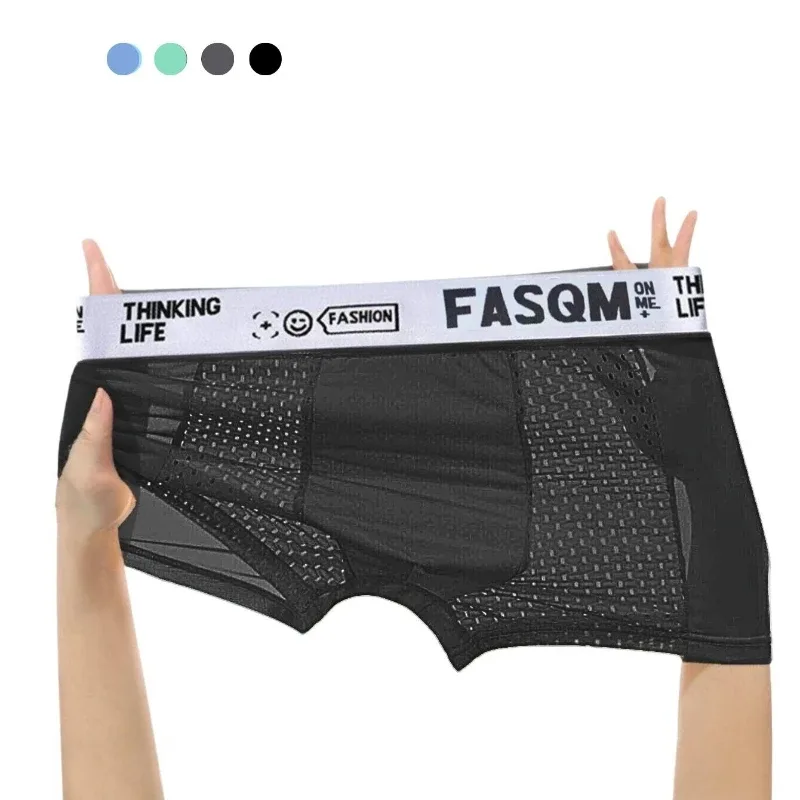 Boxer da uomo comodi e morbidi in seta ghiacciata da 1 pezzo, intimo da uomo a contrasto, costume da bagno elastico comodo e traspirante in rete