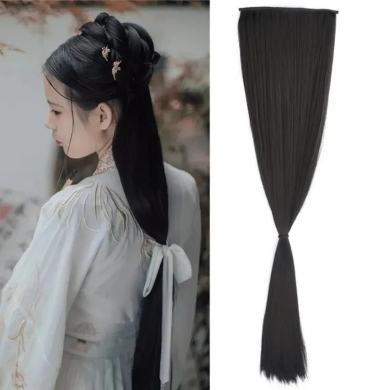 5-Clips Synthetic Heat-Resistant Long Straight Hair Extensions Natural Black Invisible Seamless One-piece Hair Extension Women — image 5