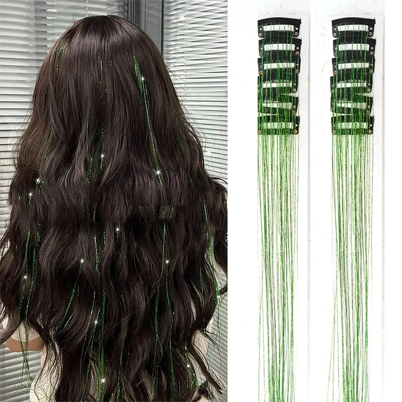 12pcs Per Pack of BB Hair Clips Shiny Metallic Hair Extensions with Clips Fairy Hair Sparkling Hair Accessories for Women.